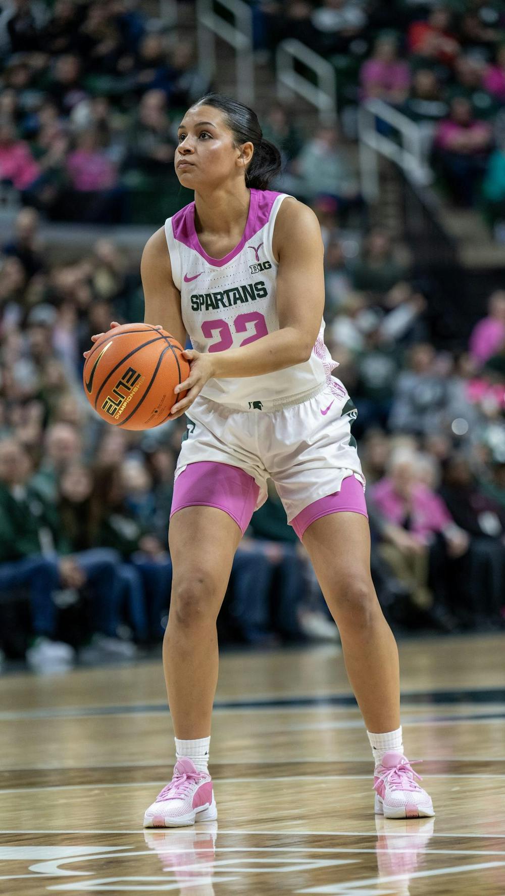 <p>Michigan State University graduate guard Moira Joiner (22) attempts a free throw at the Breslin Center on Feb. 11, 2024. The Spartans lost to the Buckeyes 71-86.</p>