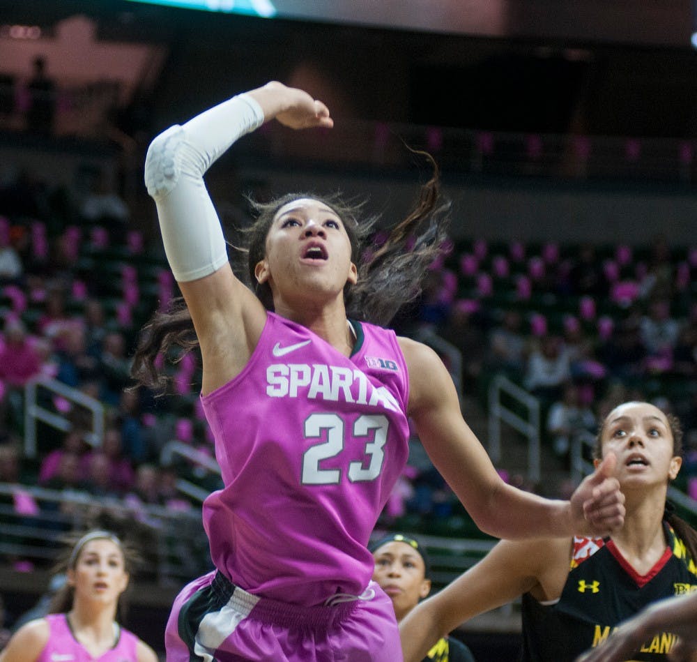 <p>Sophomore forward Aerial Powers looks to rebound Feb. 16, 2015, during the Play4Kay Breast Cancer Awareness game against Maryland at Breslin Center. The Spartans were defeated by the Terrapins, 75-69. Hannah Levy/The State News</p>