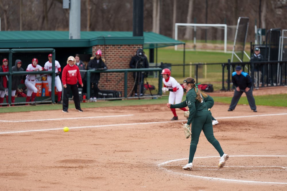 <p>Michigan State sophomore Ashley Miller pitches to Nebraska as they look to try and score another run. Spartans lost 6-0 against Nebraska, on April 9, 2022.</p>