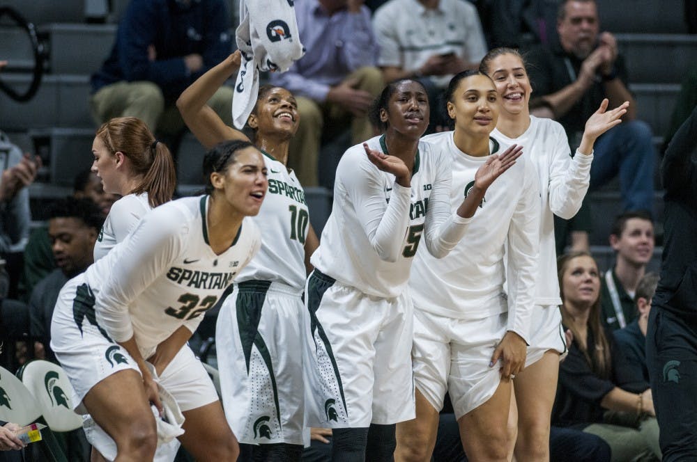 The Spartans cheer on their teammates during the first quarter of the women's basketball game against Ohio State on Jan. 10, 2017 at Breslin Center. The Spartans defeated the Buckeyes, 94-75.