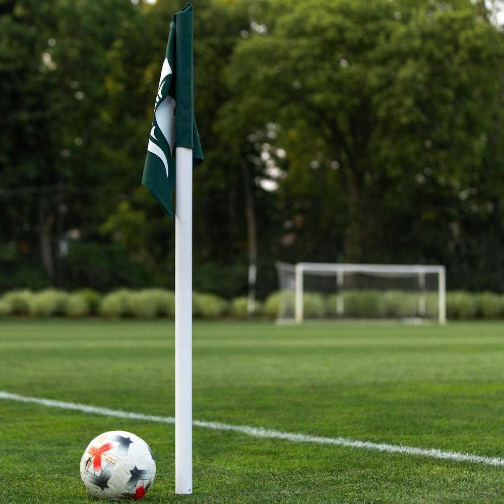 <p>A soccer ball sits next to a Michigan State University flag in DeMartin Stadium in East Lansing, Mich., on Aug. 12, 2026.</p>