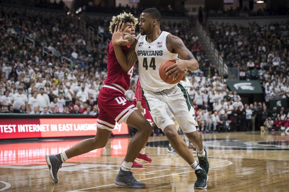 Junior forward Nick Ward (44) drives to the net during the men's basketball game against Indiana on Feb. 2, 2019 at Breslin Center. Michigan State lost to Indiana in overtime 79-75. Nic Antaya/The State News