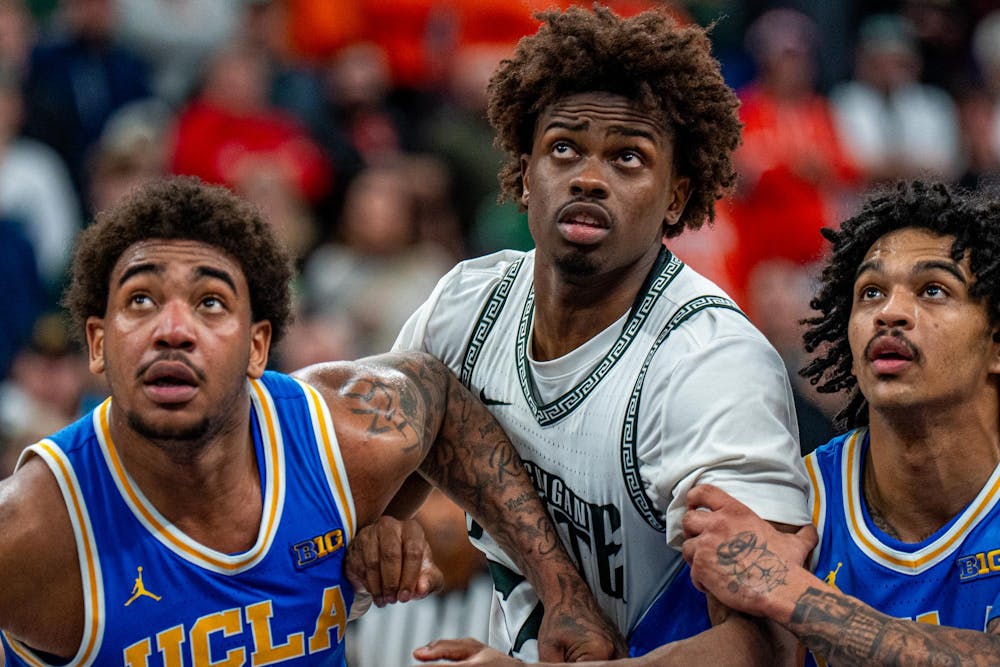 <p>Michigan State's junior forward Coen Carr (55) at the Big Ten Tournament Game 14 vs. UCLA at the United Center in Chicago, Illinois on Friday, March 13, 2026.&nbsp;</p>