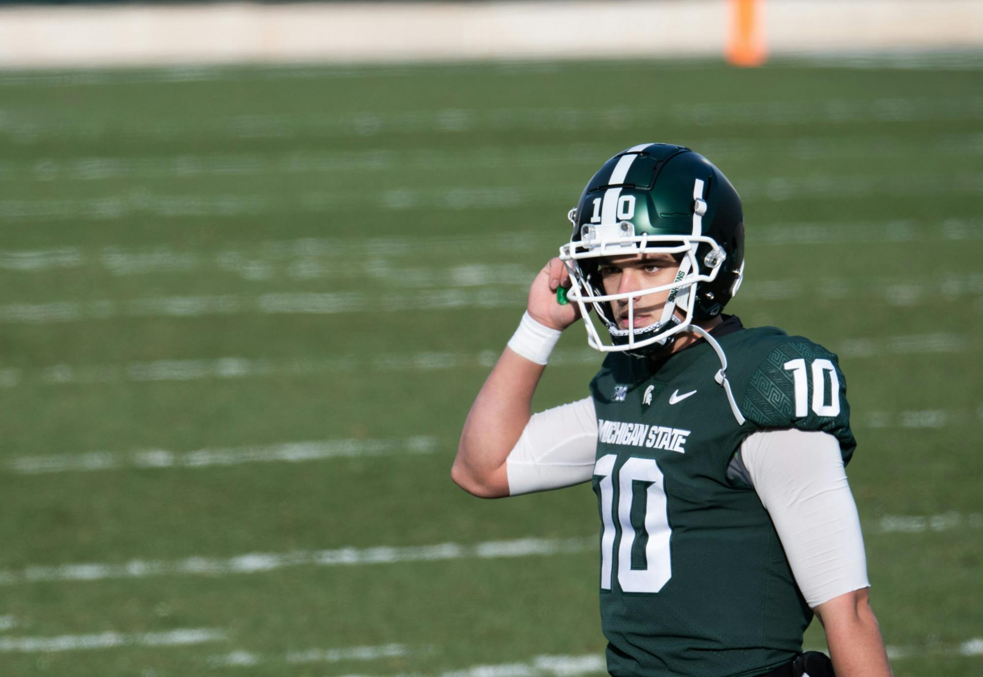 MSU quarterback, Payton Thorne (10) photographed during a game against Indiana University on Nov. 14, 2020.