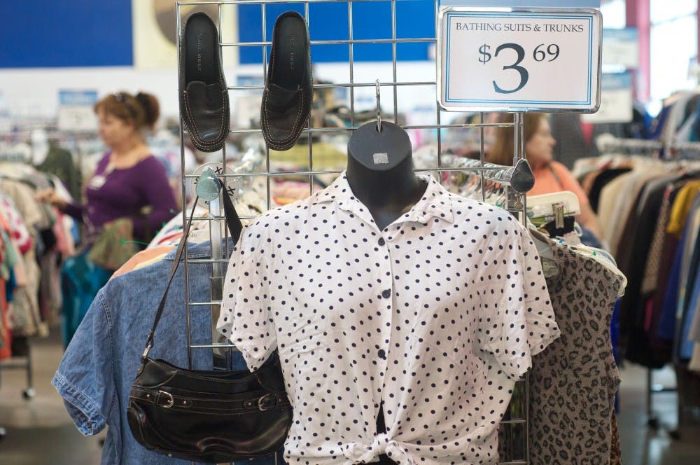 	<p>An outfit hangs at the end of a rack of clothing on Oct. 1, 2012, at the Goodwill located at 5353 W. Saginaw Hwy. in Lansing. Goodwill is just one of the many thrift stores scattered throughout Lansing. Natalie Kolb/The State News</p>