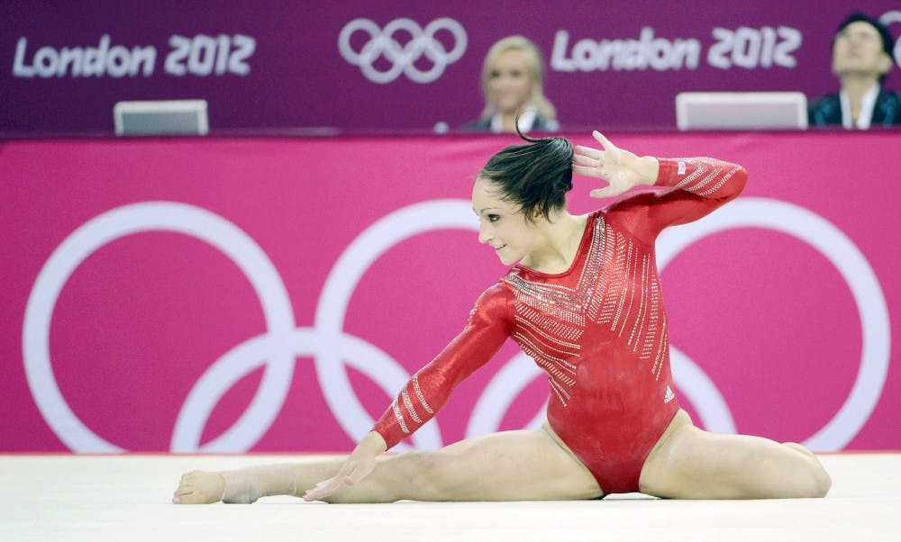 USA's Jordyn Wieber performs her floor routine in the women's gymnastics team final during the Summer Olympic Games in London, England, Tuesday, July 31, 2012. (Vernon Bryant/Dallas Morning News/MCT)