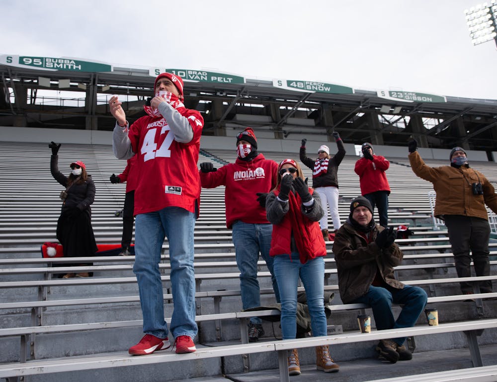 <p>Indiana University fans cheer during a football game against Indiana University at Spartan Stadium on Nov. 14, 2020.</p>
