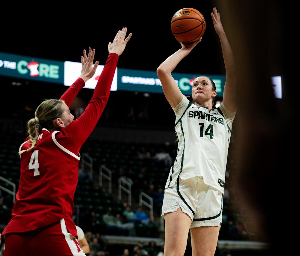 MSU senior forward Grace VanSlooten (14) shoots the ball at the Breslin Center in East Lansing, MI, on Jan. 15, 2026.
