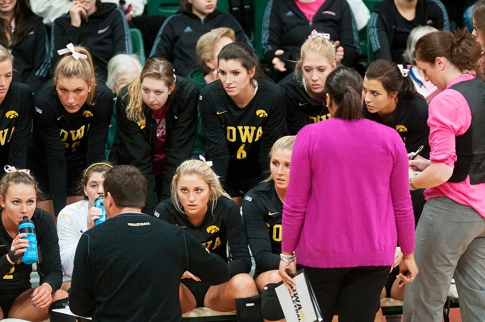 <p>Iowa players listen to Head Coach Bond Shymansky during a time out on Oct. 11, 2014, during the game against Iowa at Jenison Field House. The Spartans defeated the Hawkeyes, 3-0. Jessalyn Tamez/The State News</p>