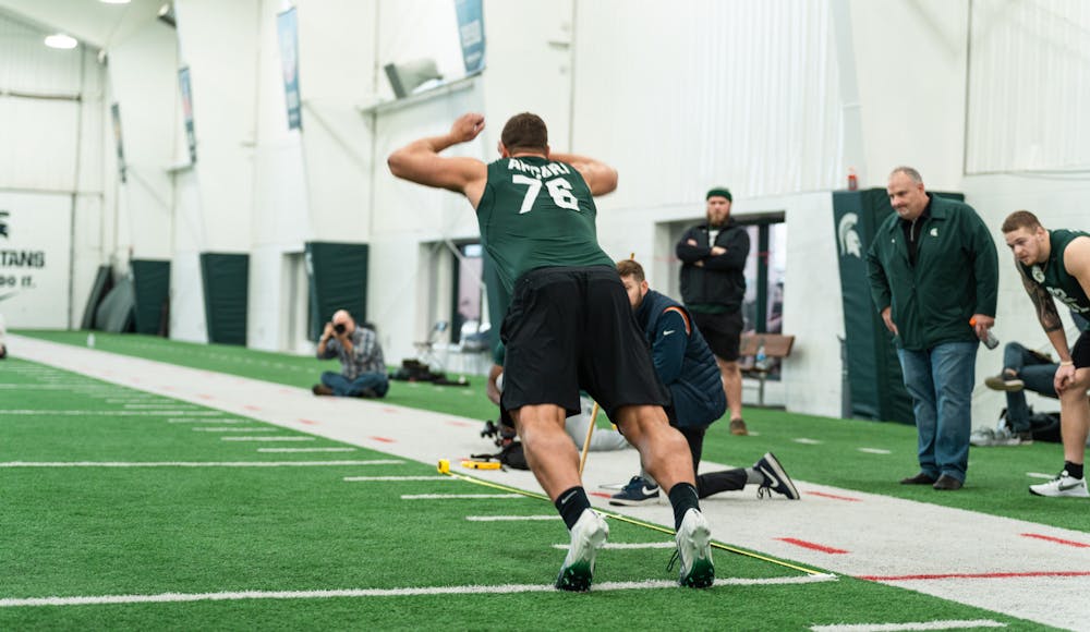 <p>Michigan State graduate student AJ Arcuri with an impressive 9 foot broad jump on Mar. 16, 2022 at the Duffy Daugherty Indoor Football Building.</p>