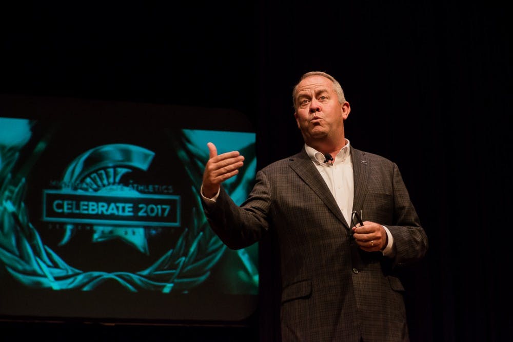 <p>&nbsp;Michigan State Athletics Director Mark Hollis addresses the audience at the 2017 Athletic Hall of Fame induction on Sept. 28, 2017, at the Wharton Center Pasant Theatre. The induction is part of the “Celebrate 2017” weekend in addition to the Varsity Letter Jacket Presentation to current student athletes and a special acknowledgement of the Hall of Famers at the upcoming Michigan State-Iowa football game at Spartan Stadium on Saturday, Sept. 30. &nbsp;</p>