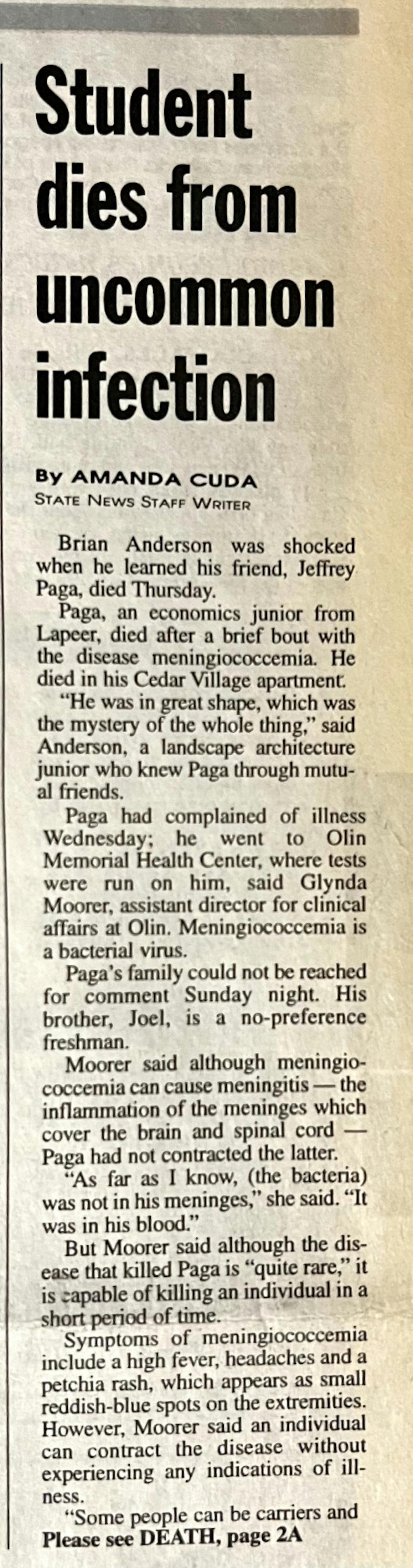 A State News story from December 1996 describing economics junior Jeffrey Paga's death.