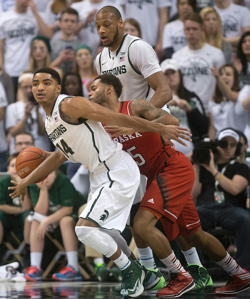 	<p>Nebraska guard Ray Gallegos steals the ball from sophomore guard Gary Harris on Feb. 16, 2014, at Breslin Center. The Spartans lost to the Cornhuskers, 60-51. Julia Nagy/The State News</p>