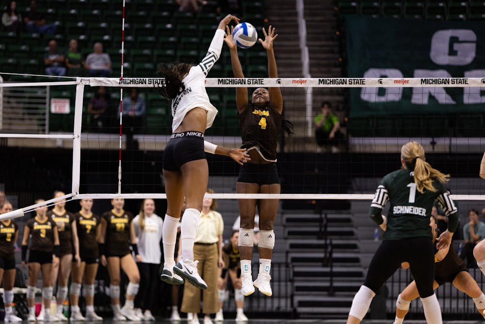 <p>Michigan State senior outside hitter Alanna Bankston (28) spikes the ball during the Michigan State vs Western Michigan volleyball game at the Breslin Center on Tuesday, Sept. 8, 2026.</p>
