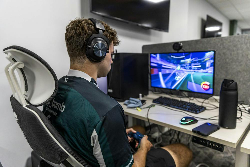 <p>Michigan State computer science student Connor Neiheisel plays Rocket League in a practice session in the Hubbard Esports Gaming Hub in East Lansing, Mich., on Thursday, Sept. 17, 2026.</p>