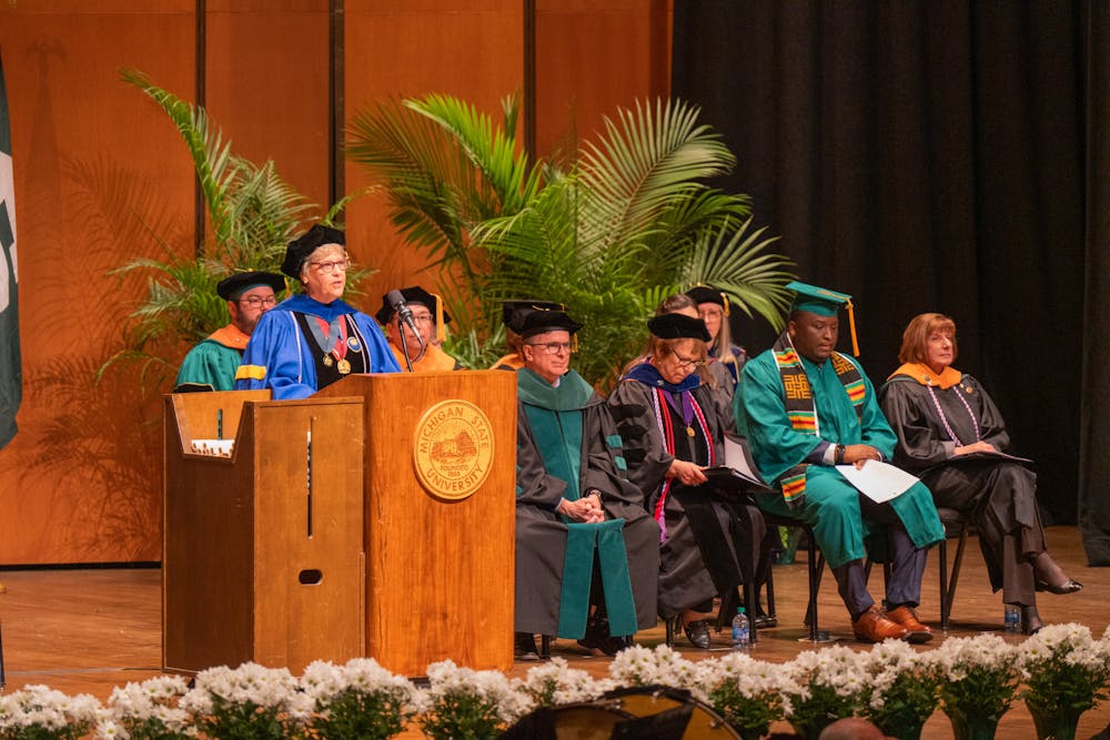 <p>College of Nursing Dean Leigh Small speaks at commencement. The College of Nursing held their commencement at the Wharton Center on May 7, 2022.</p>