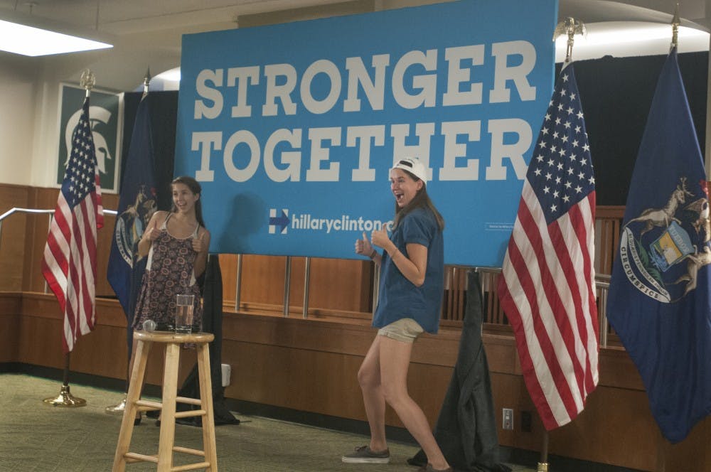 From left, sociology senior Katrina Groeller and psychology senior Christina Rissman pose for a photo on Sept. 22, 2016 in the Union. Chelsea Clinton had just given a speech on the same stage.