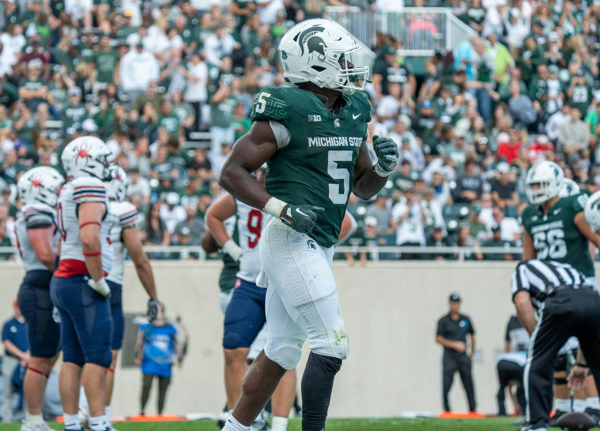 <p>Redshirt sophomore right back Nathan Carter (5) during a game against Richmond at Spartan Stadium on Sept. 9, 2023. The Spartans ultimately defeated the Spiders 45-14.</p>