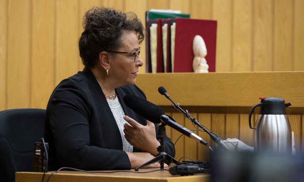 Senior Advisor to the President for Diversity and Director Paulette Granberry Russell is questioned at a preliminary hearing at Eaton County District Court April 16, 2019. Simon is charged with four counts of lying to a peace officer, including two felonies.