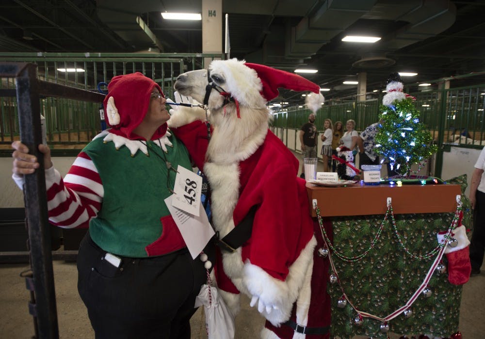 <p>Ann Arbor resident Ginger Burns poses with her Santa-dressed llama, Darling Dot, before the costume contest at the Lamafest Showcase on Aug. 31 at The Pavilion in East Lansing, Michigan. Lauren DeMay/The State News</p>