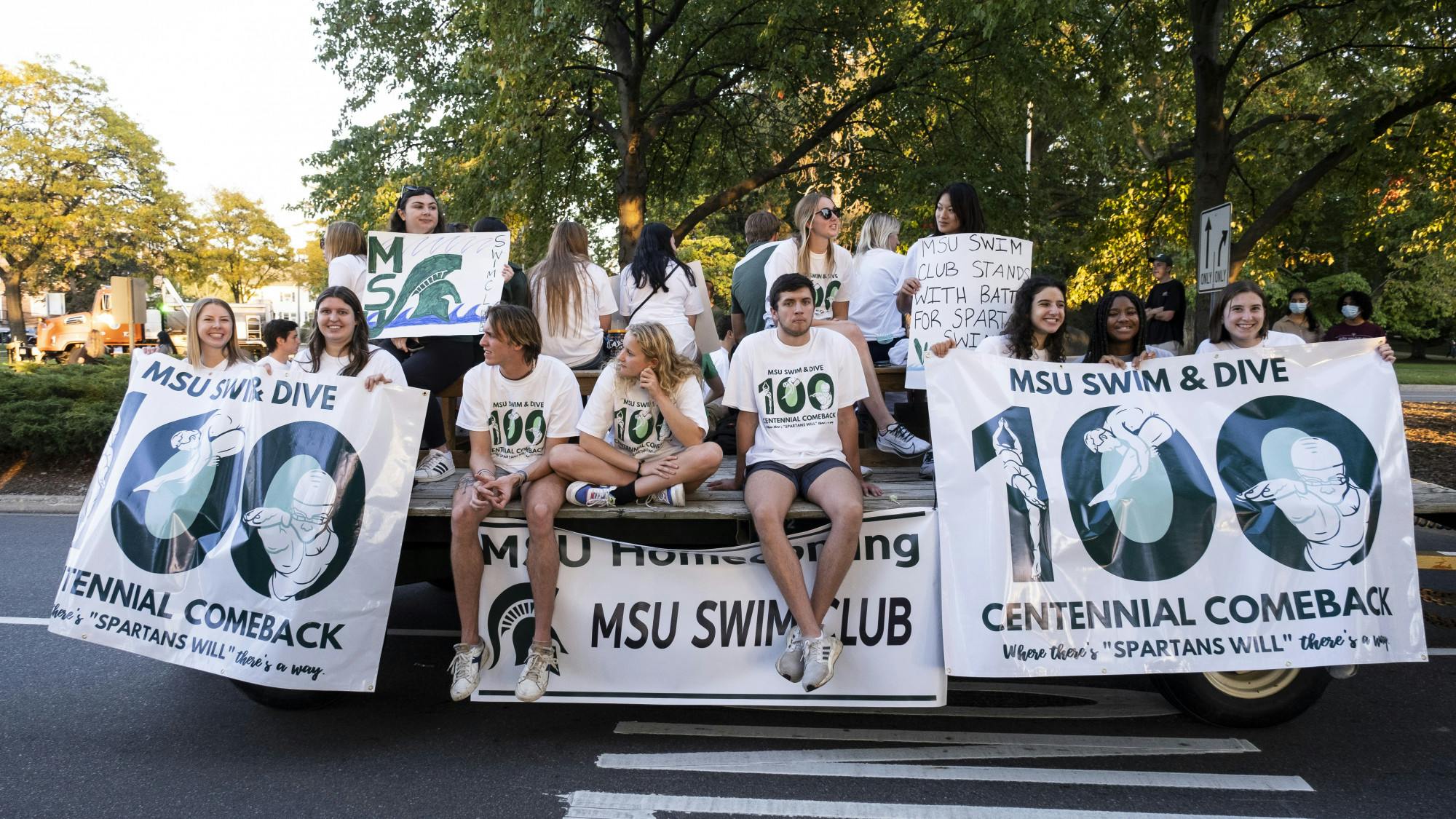 The MSU Swim Club float to save the MSU Swim and Dive Team in the MSU Homecoming parade on October 1, 2021 on Farm Lane in East Lansing. 