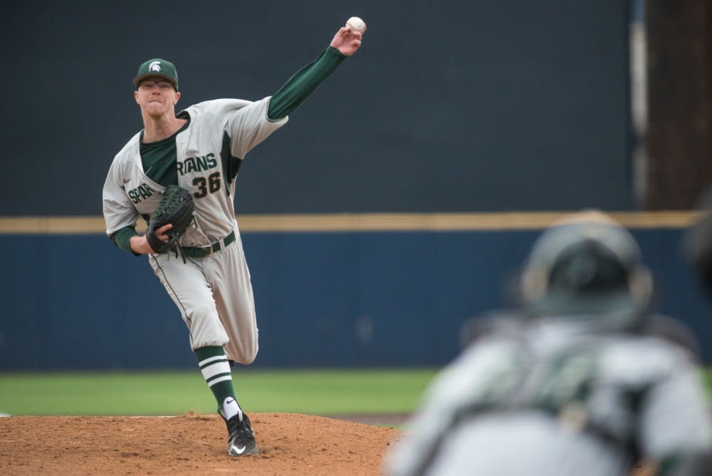 Junior left-handed pitcher (36) pitches the ball during the game against Michigan on April 29, 2016 at Ray Fisher Stadium at Wilpon Baseball Complex in Ann Arbor, Mich. The Spartans were defeated by the Wolverines, 4-3.
