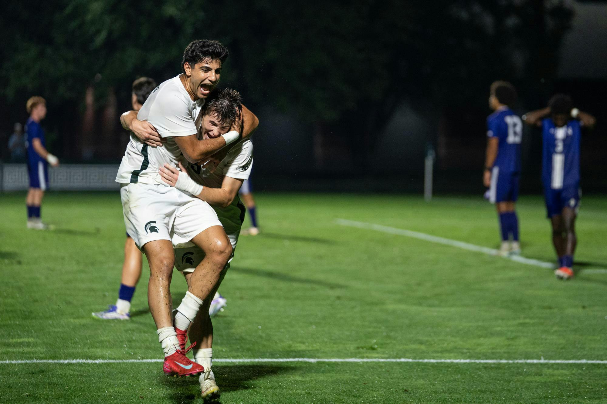 <p>Michigan State men's soccer senior forward Andrew Darakdjian (9) celebrates his goal with teammate junior defender Brandon Munson (5) during their game against Northwestern University at DeMartin Stadium in East Lansing, Mich., on Sept. 15, 2026.</p>