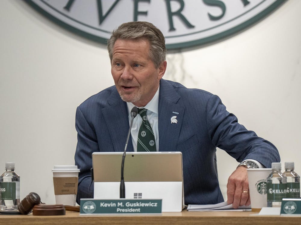 Michigan State President Kevin M. Guskiewicz addresses the Board of Trustees at the first meeting of 2026 at Hannah Administration Building in East Lansing, Michigan on Friday, Feb. 6, 2026. 