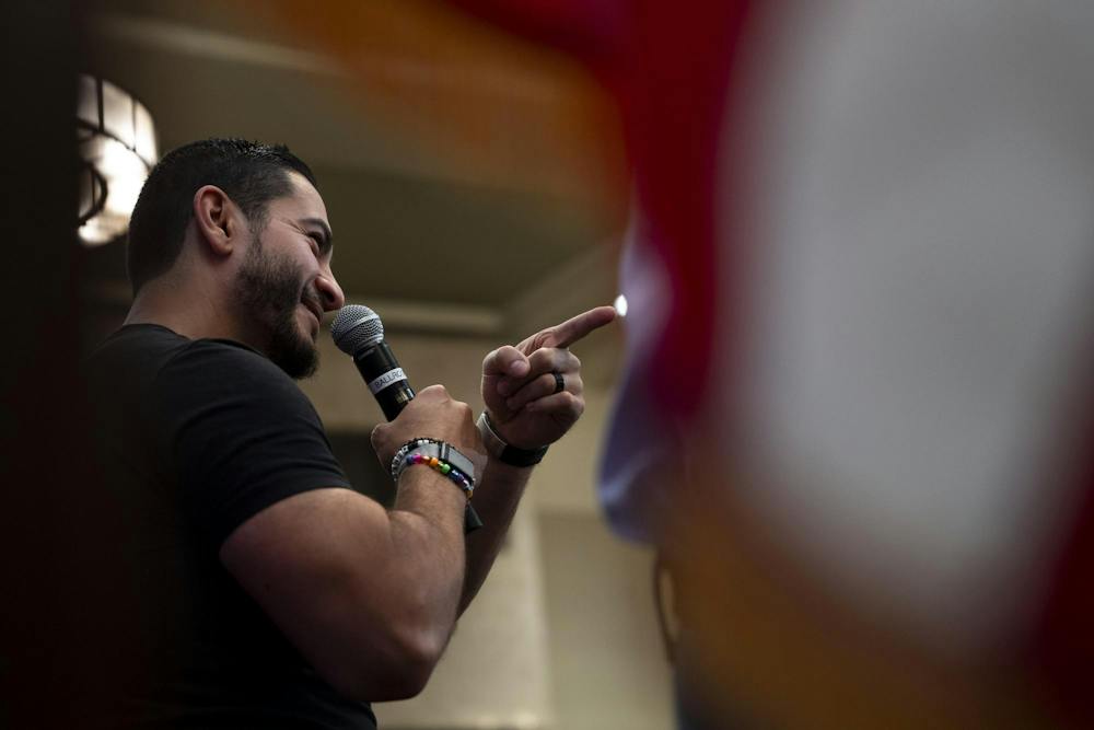 <p>Michigan U.S. Senate candidate Abdul El-Sayed speaks during a rally at the MSU Union in East Lansing, Mich., on Sept. 11, 2026.</p>