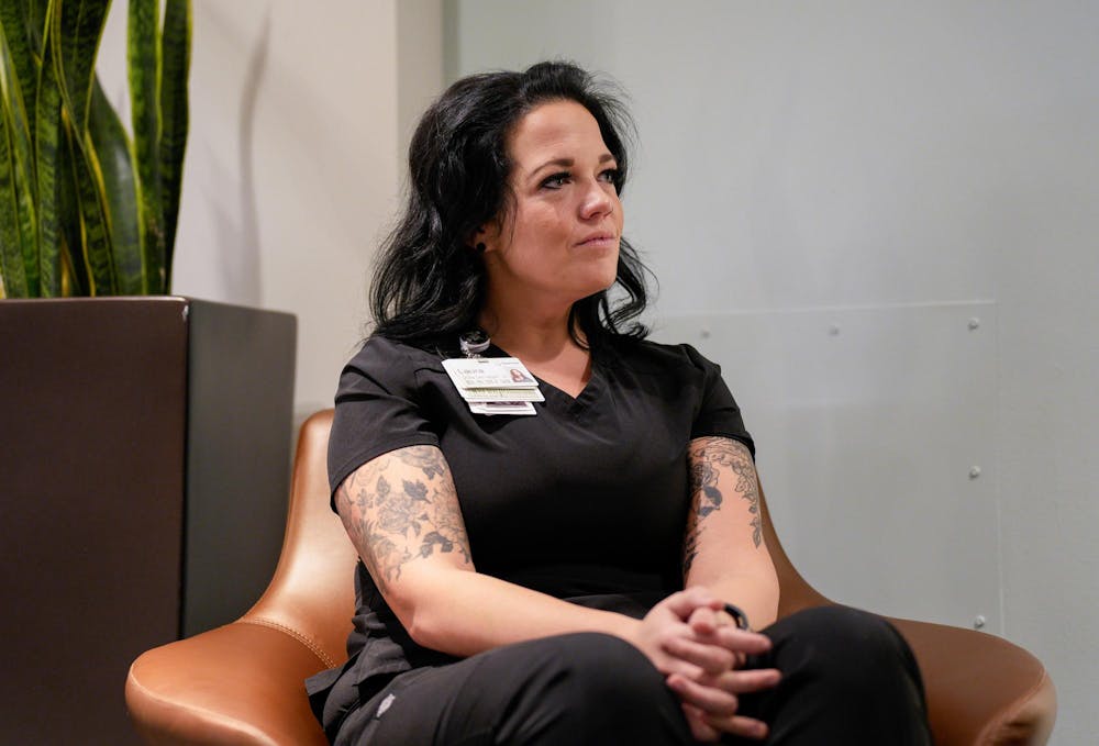 <p>An ER nurse at Sparrow Hospital, Laura Curtis, is interviewed by the State News at Sparrow Hospital on Nov. 15, 2023. She was one of the nurses on call the night of MSU’s Feb. 13 shooting.</p>