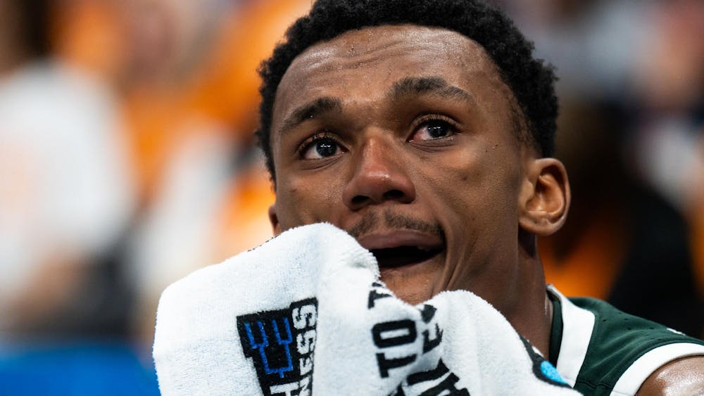 <p>Michigan State graduate guard No. 2 Tyson Walker tears up after round two of March Madness in Charlotte, North Carolina on March 23, 2024. The Spartans fell to the No. 1 seeded University of North Carolina and remain winless all-time against the Tar Heels during March Madness.</p>