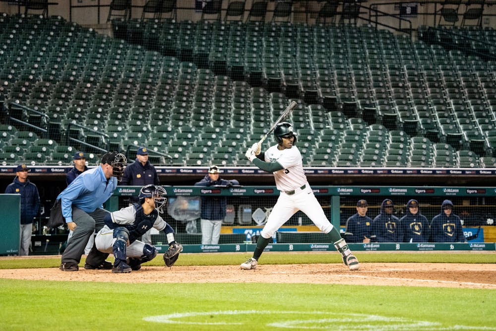 <p>MSU junior Zaid Walker (3) prepares for the Notre Dame pitch during the matchup at Comerica Park on April 26, 2022.</p>