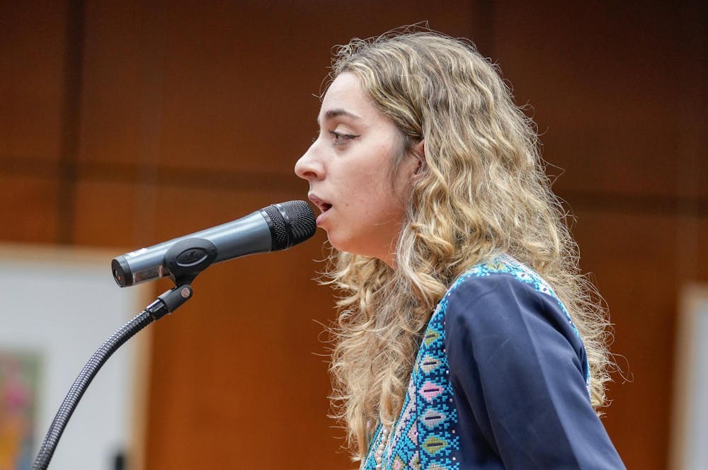MSU student Saba Saed calls out the Board of Trustees’ lack of support of Palestinian students during the ongoing conflict in Gaza during the Board of Trustees meeting in the Hannah Administration Building on Oct. 27, 2023. 