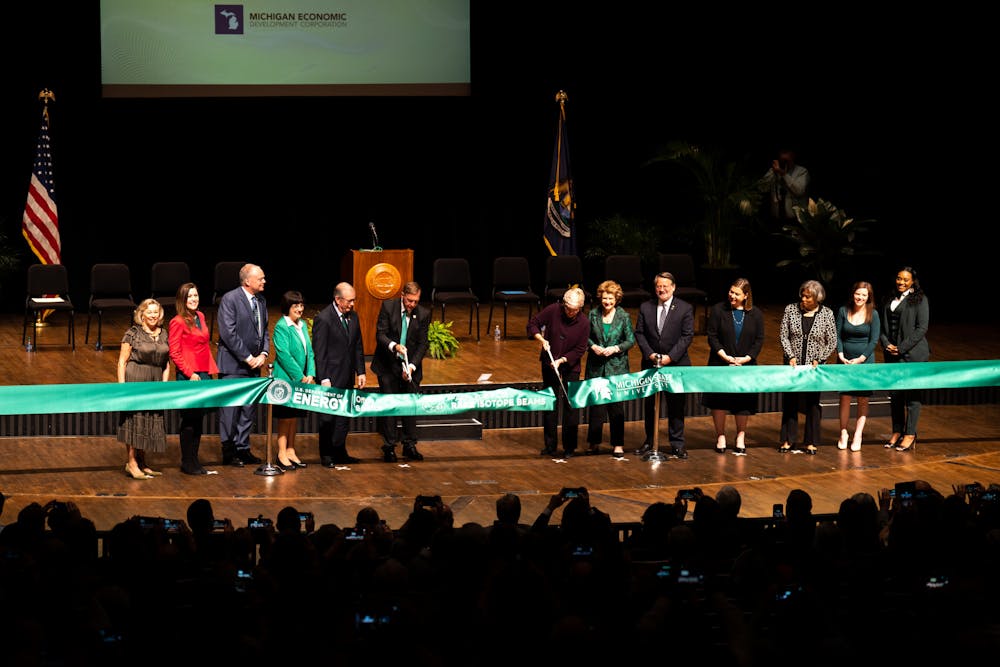 <p>MSU leaders and Michigan politicians came together for the ribbon cutting ceremony for the Facility for Rare Isotope Beams on May 2, 2022.</p>