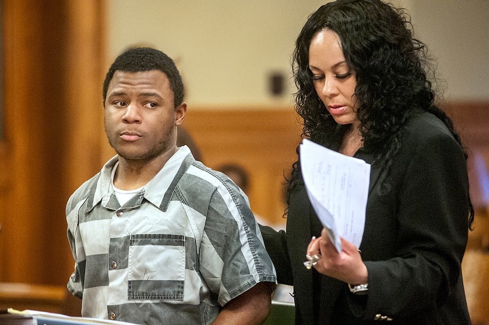 	<p>Eastpointe, Mich., resident Marquez Dominique Cannon, stands with his attorney Cena White moments before receiving his sentencing in Mason’s 30th Circuit Court, Wednesday, May 8, 2013, in Mason, Mich. He was sentenced to six to 20 years in the criminal sexual conduct in the first degree associated with the death of <span class="caps">MSU</span> freshman Olivia Pryor. Justin Wan/The State News</p>