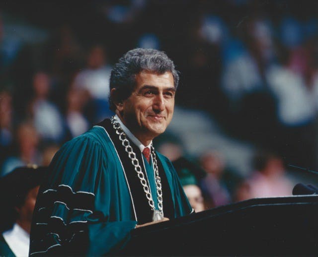 <p>Photo courtesy of Michigan State University. President John DiBaiggio at Commencement June 13, 1992. </p>