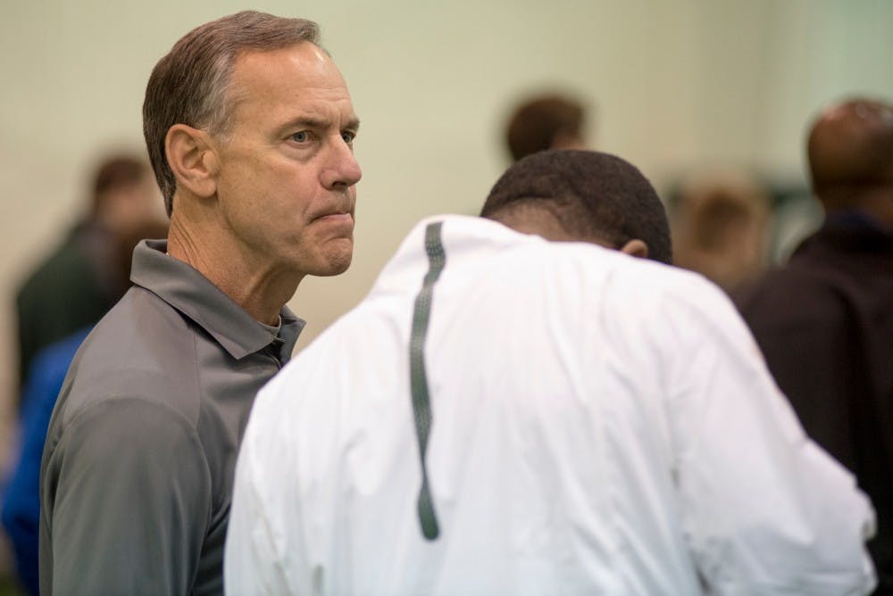 Head coach Mark Dantonio watches his players during Pro Day on March 16, 2016 at Skandalaris Football Center.