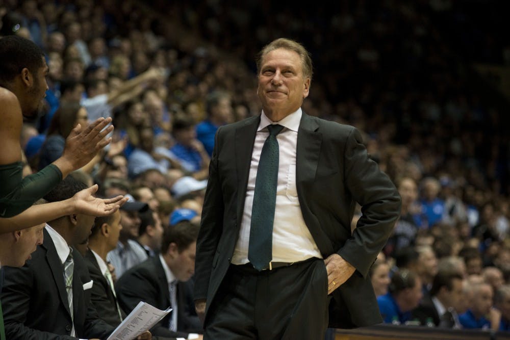 Head coach Tom Izzo looks at the scoreboard during the second half of the game against Duke on Nov. 29, 2016 at Cameron Indoor Stadium in Durham, N.C. The Spartans were defeated by the Blue Devils, 69-78. 