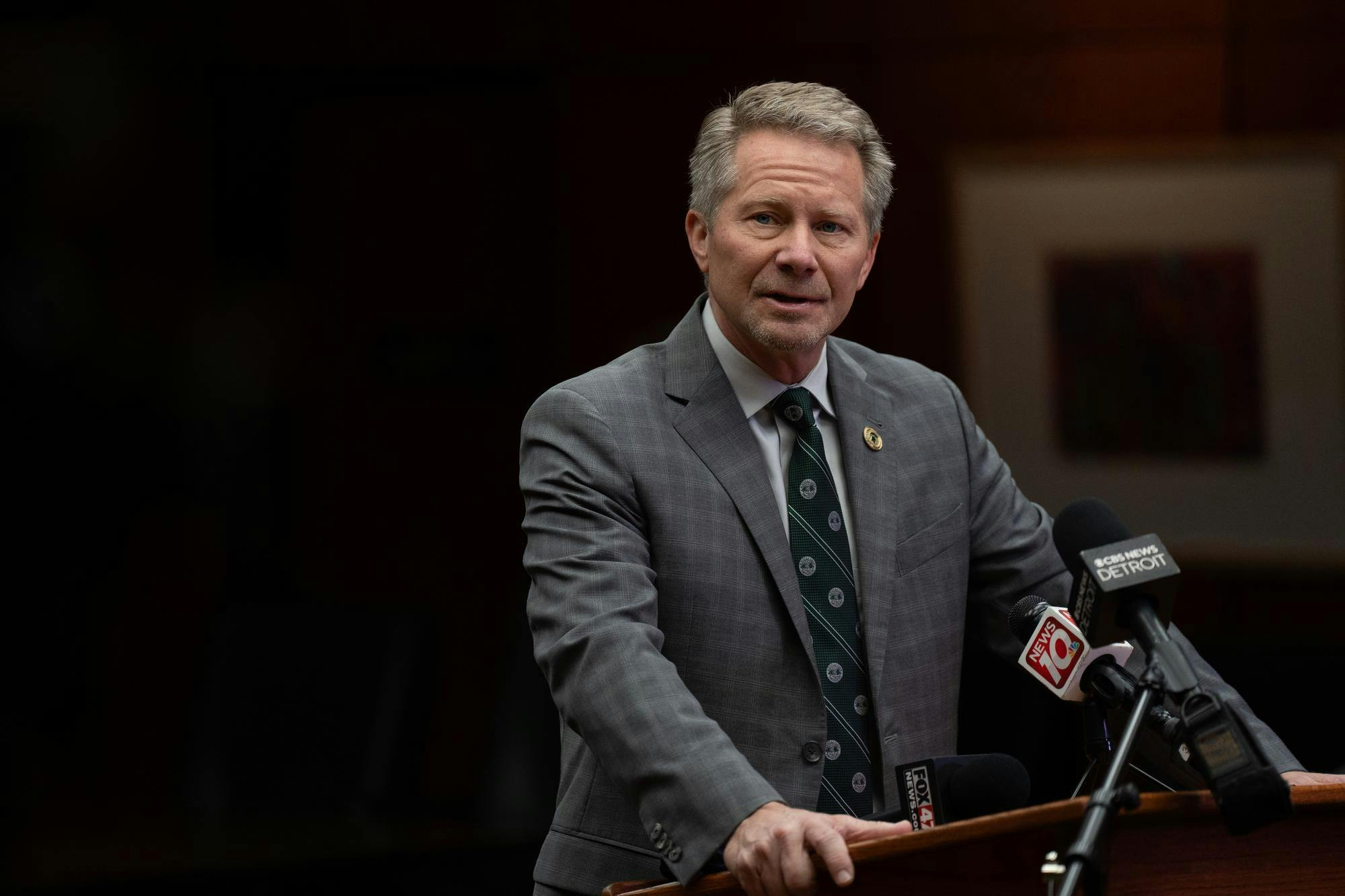 MSU President-elect Kevin Guskiewicz speaking with the media at the Hannah Administration Building on Dec. 11, 2023.  This was a chance for the media to meet Guskiewicz as he prepares to take the role of Michigan State University’s president on March 4, 2024.