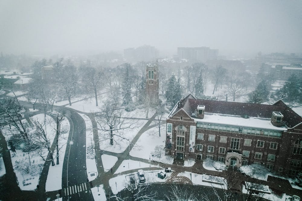<p>A drone flies over Michigan State's campus on Jan. 25, 2023.</p>