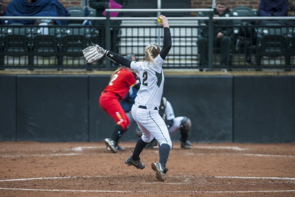 Junior pitcher Kristina Zalewski (2) pitches the ball during the game against Maryland on March 31, 2017 at Secchia Stadium. The Spartans defeated the Terrapins, 11-3.