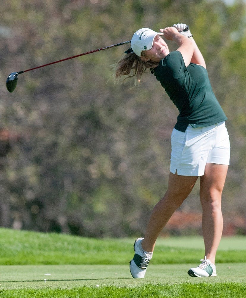 	<p>Senior Caroline Powers plays in her last home tournament at the Mary Fossum Invitational on Sept. 16, 2012, at Forest Akers West Golf Course. Powers was the runner-up with a 1-over 217. Natalie Kolb/The State News</p>