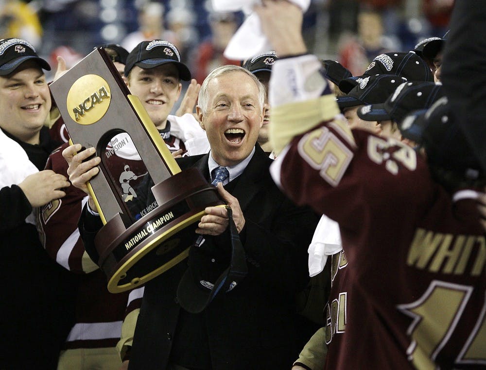 	<p>Boston College coach Jerry York and the rest of his team celebrates a 5-0 win over Wisconsin in the <span class="caps">NCAA</span> men&#8217;s hockey championship at Joe Louis Arena in Detroit, Michigan, on Saturday, April 10, 2010. (Julian H. Gonzalez/Detroit Free Press/MCT)</p>