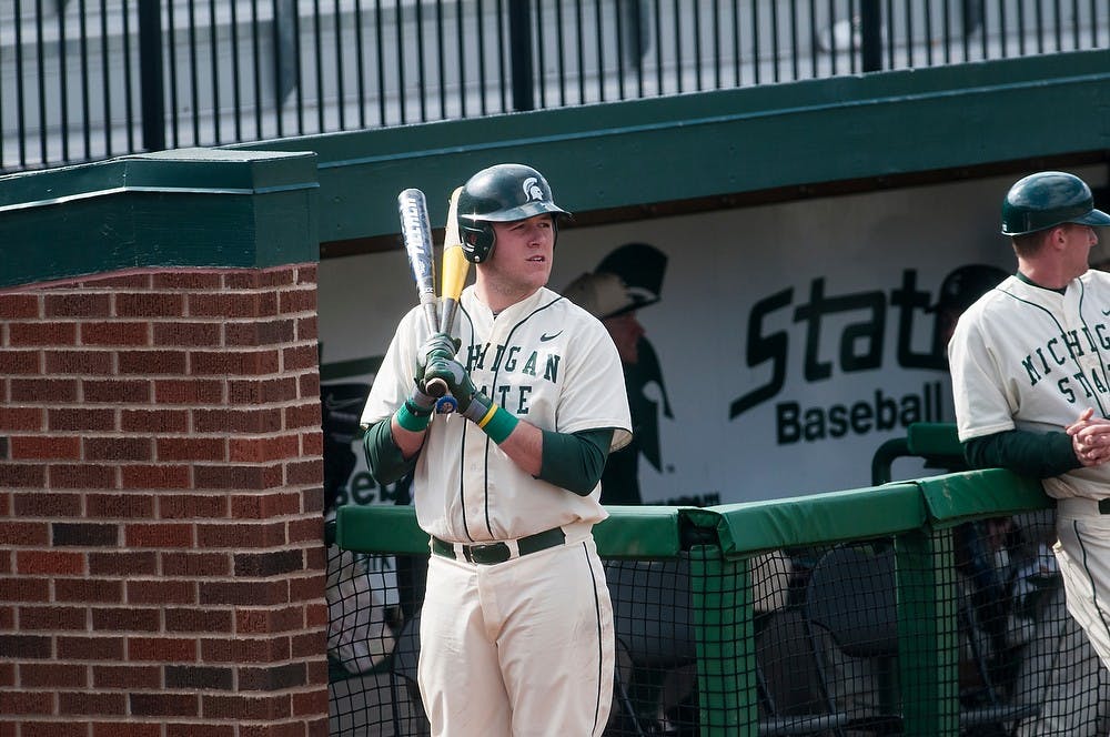 	<p>Sophomore catcher Blaise Salter warms up before he takes the plate against Indiana, April 14, 2013, at McLane Baseball Stadium at Old College Field. The Spartans defeated Indiana for the third-straight day. Katie Stiefel/The State News</p>