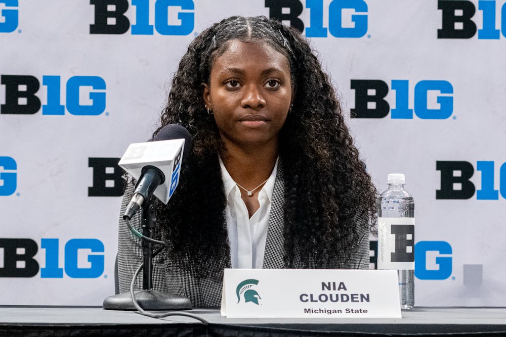 <p>Michigan State women's basketball senior guard Nia Clouden speaks to the media at Big Ten media day at Gainbridge Fieldhouse in Indianapolis, Ind. on Oct. 8, 2021. Clouden was a First-Team All-Big Ten selection last season, and is expected to lead this years' Spartan team.</p>