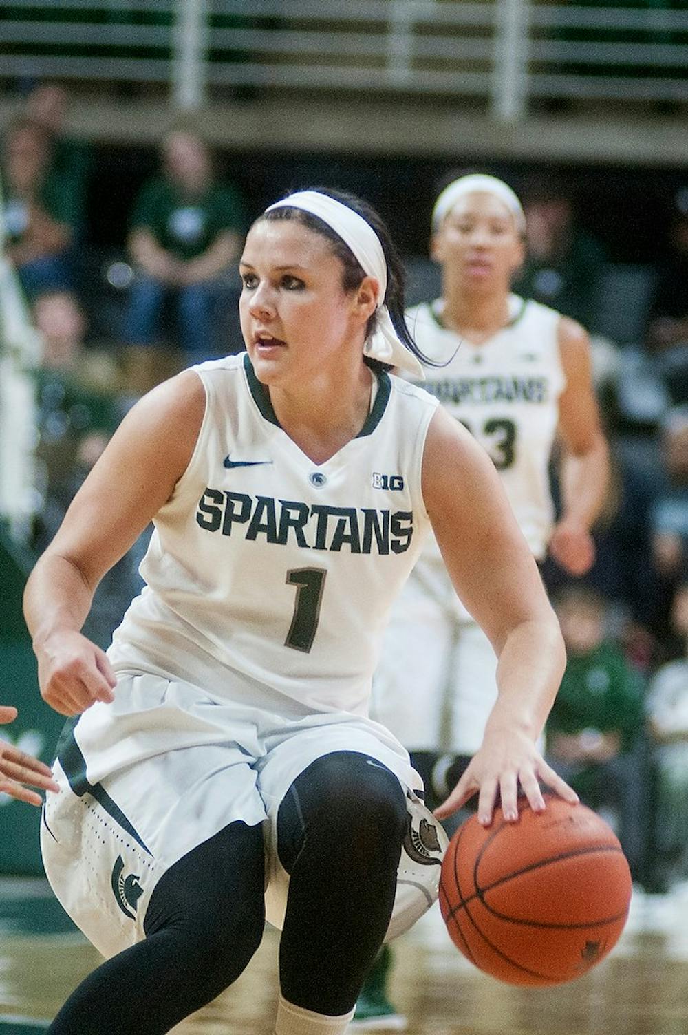 <p>Sophomore guard Tori Jankoska dribbles the ball Nov. 16, 2014, during the game against Eastern Michigan at Breslin Center. The Spartans defeated the Eagles, 69-61. Jessalyn Tamez/The State News</p>