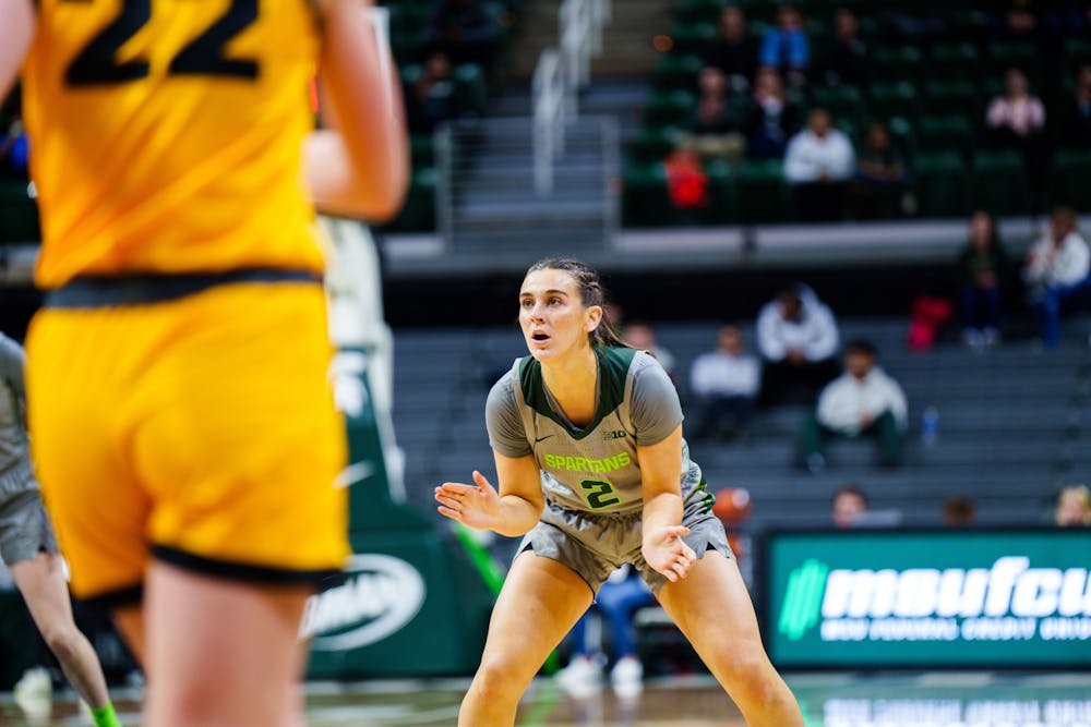 <p>Freshman guard Abbey Kimball (2) celebrates after a made basket during a matchup against Iowa, held at the Breslin Center on Jan. 18, 2023. The Spartans fell to the Hawkeyes in overtime, 84-81.</p>
