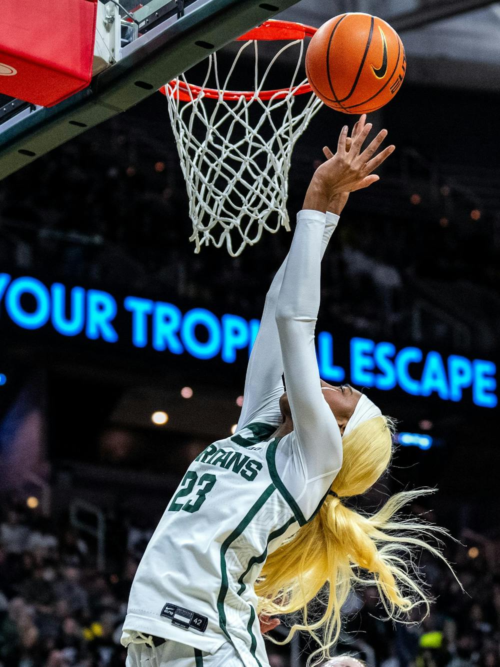 Michigan State Spartans guard Jalyn Brown (23) scores a basket during the women’s rivalry matchup at the Breslin Student Events Center in East Lansing, Mich., on Sunday, Feb. 1, 2026.