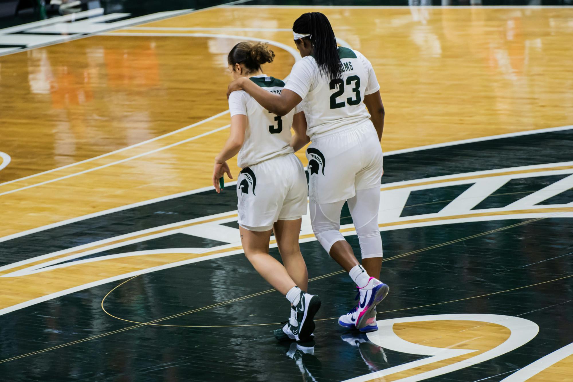 <p>Junior guard Janai Crooms and sophomore guard Alyza Winston walk down the court during the Spartans&#x27; 68-64 loss to Nebraska on Jan. 10.</p>