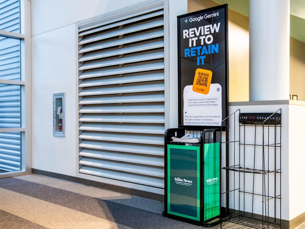 A State News stand is pictured in Brody Square on Michigan State University’s campus in East Lansing, Mich., on Monday, May 6, 2026.